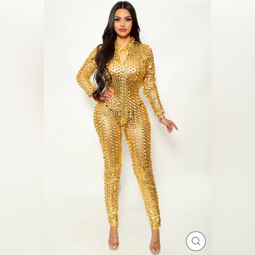 Gold Metallic Circle Cut Out Jumpsuit - Women's Statement One-Piece